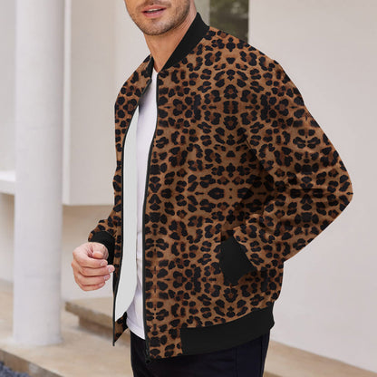 Autumn Vintage Leopard Print Pattern Men's Zipper Jacket Fleece-lined Long Sleeve Coat